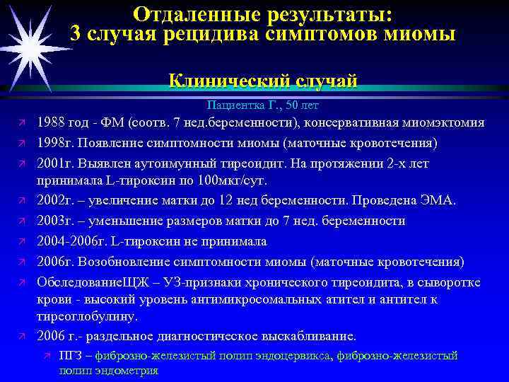 Отдаленные результаты: 3 случая рецидива симптомов миомы Клинический случай Пациентка Г. , 50 лет