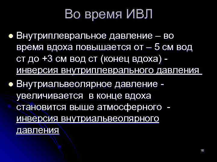 Во время ИВЛ Внутриплевральное давление – во время вдоха повышается от – 5 см