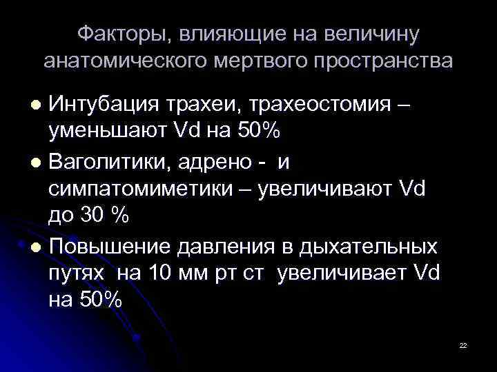 Факторы, влияющие на величину анатомического мертвого пространства Интубация трахеи, трахеостомия – уменьшают Vd на