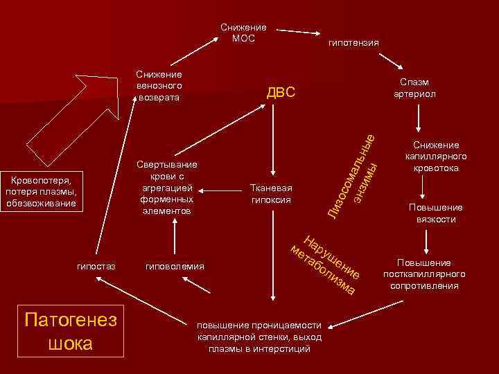 Снижение МОС Снижение венозного возврата гипостаз Патогенез шока Спазм артериол ДВС Свертывание крови с