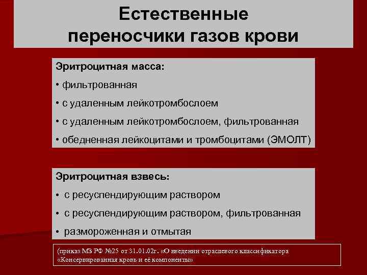Естественные переносчики газов крови Эритроцитная масса: • фильтрованная • с удаленным лейкотромбослоем, фильтрованная •