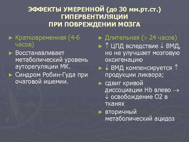 ЭФФЕКТЫ УМЕРЕННОЙ (до 30 мм. рт. ст. ) ГИПЕРВЕНТИЛЯЦИИ ПРИ ПОВРЕЖДЕНИИ МОЗГА Кратковременная (4