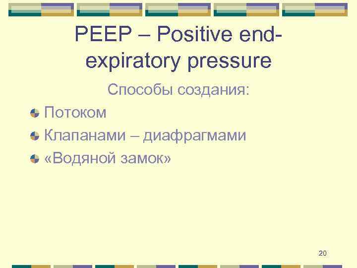 PEEP – Positive endexpiratory pressure Способы создания: Потоком Клапанами – диафрагмами «Водяной замок» 20