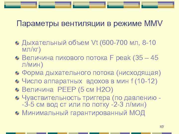 Параметры вентиляции в режиме MMV Дыхательный объем Vt (600 -700 мл, 8 -10 мл/кг)
