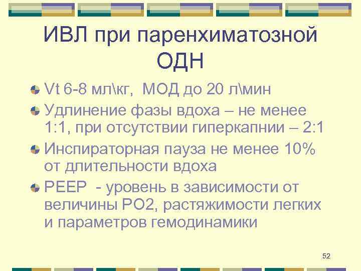 ИВЛ при паренхиматозной ОДН Vt 6 -8 млкг, МОД до 20 лмин Удлинение фазы