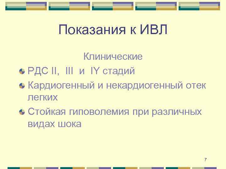 Показания к ИВЛ Клинические РДС II, III и IY стадий Кардиогенный и некардиогенный отек