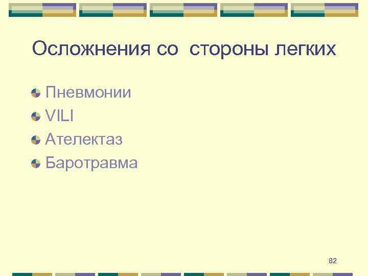 Осложнения со стороны легких Пневмонии VILI Ателектаз Баротравма 82 