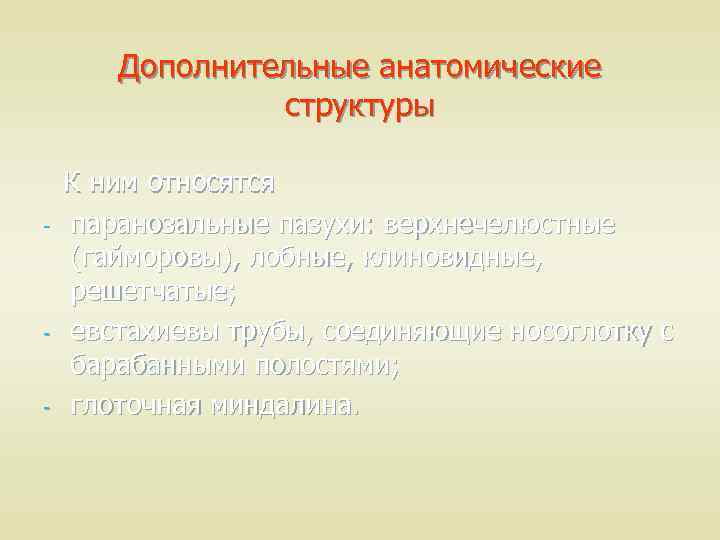 Дополнительные анатомические структуры - - - К ним относятся паранозальные пазухи: верхнечелюстные (гайморовы), лобные,