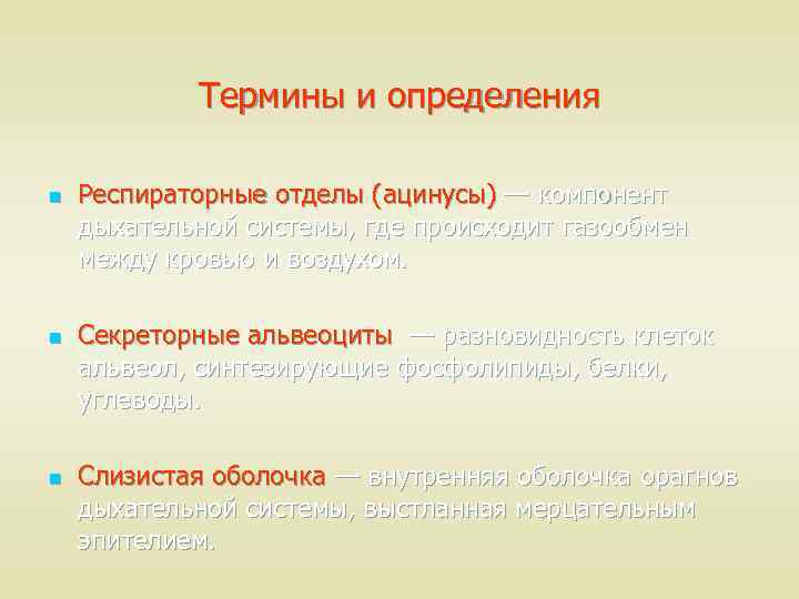Термины и определения n n n Респираторные отделы (ацинусы) — компонент дыхательной системы, где