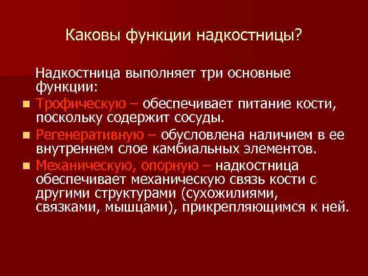  Каковы функции надкостницы? Надкостница выполняет три основные функции: n Трофическую – обеспечивает питание