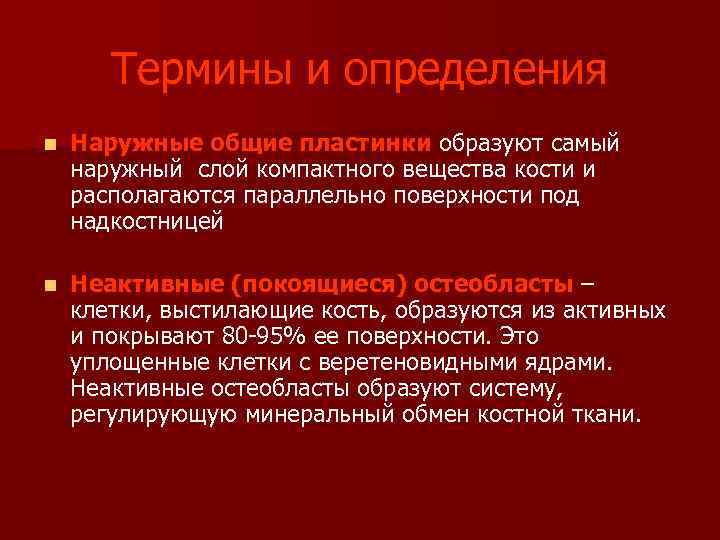  Термины и определения n Наружные общие пластинки образуют самый наружный слой компактного вещества