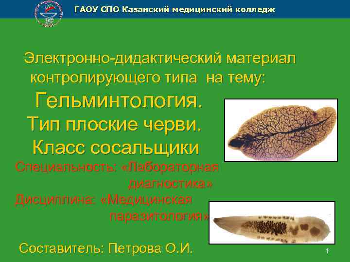 ГАОУ СПО Казанский медицинский колледж Электронно-дидактический материал контролирующего типа на тему: Гельминтология. Тип плоские