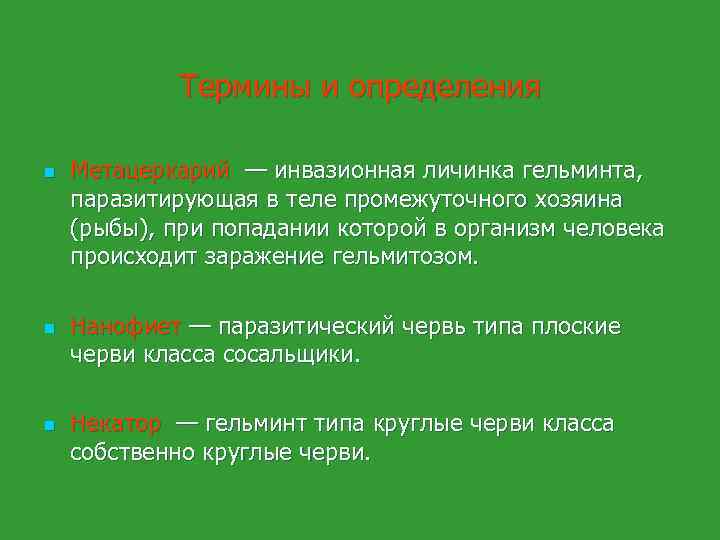 Термины и определения n n n Метацеркарий — инвазионная личинка гельминта, паразитирующая в теле