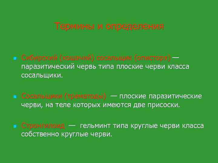 Термины и определения n n n Сибирский (кошачий) сосальщик (описторх) — паразитический червь типа