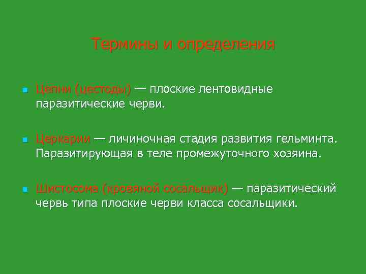 Термины и определения n n n Цепни (цестоды) — плоские лентовидные паразитические черви. Церкарии