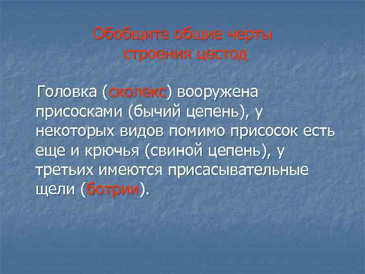 Обобщите общие черты строения цестод Головка (сколекс) вооружена присосками (бычий цепень), у некоторых видов