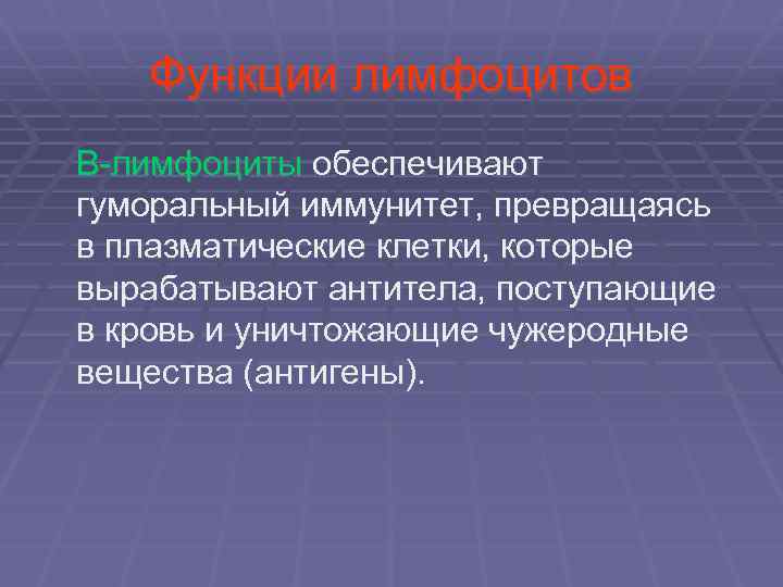  Функции лимфоцитов В-лимфоциты обеспечивают гуморальный иммунитет, превращаясь в плазматические клетки, которые вырабатывают антитела,