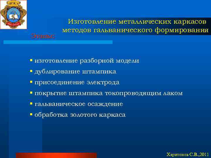 Этапы: Изготовление металлических каркасов методов гальванического формирования § изготовление разборной модели § дублирование штампика