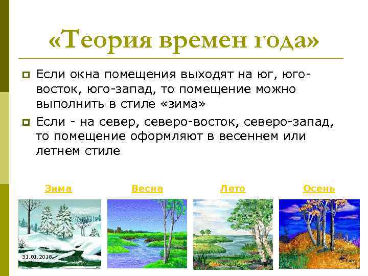  «Теория времен года» p p Если окна помещения выходят на юг, юговосток, юго-запад,