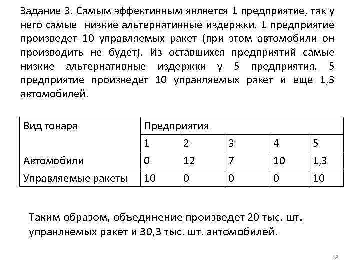 Задание 3. Самым эффективным является 1 предприятие, так у него самые низкие альтернативные издержки.