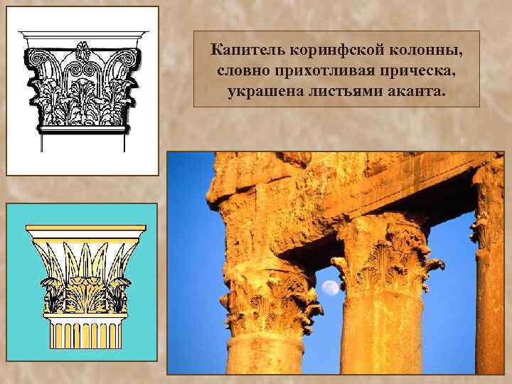Капитель коринфской колонны, словно прихотливая прическа, украшена листьями аканта. 