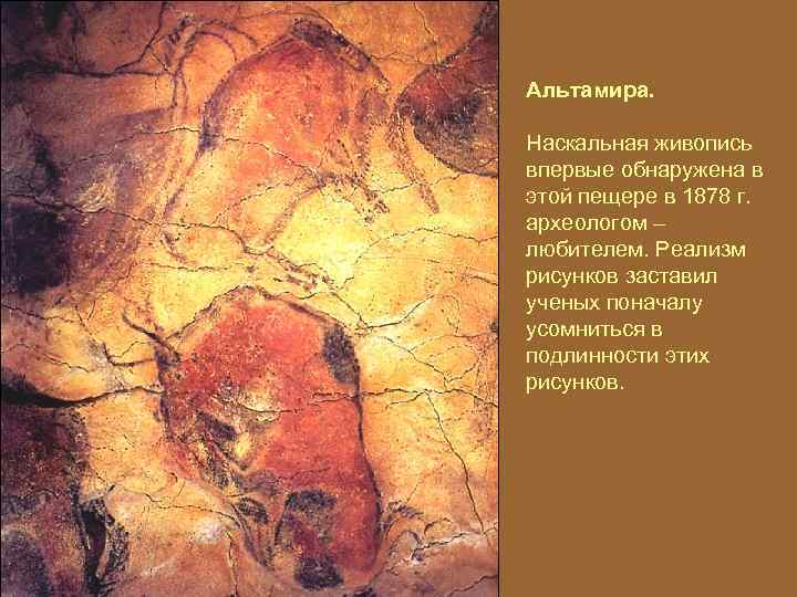 Альтамира. Наскальная живопись впервые обнаружена в этой пещере в 1878 г. археологом – любителем.