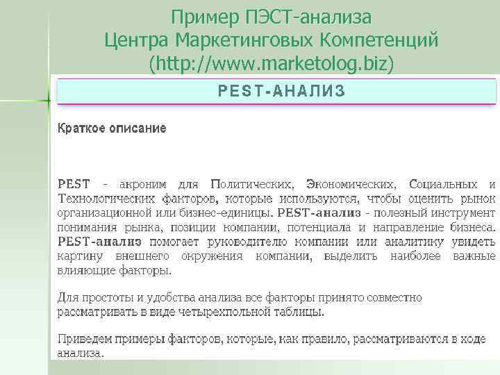 Пример ПЭСТ-анализа Центра Маркетинговых Компетенций (http: //www. marketolog. biz) 