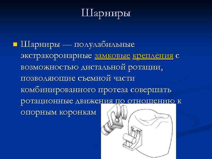 Шарниры n Шарниры — полулабильные экстракоронарные замковые крепления с возможностью дистальной ротации, позволяющие съемной