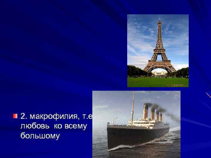2. макрофилия, т. е. любовь ко всему большому 