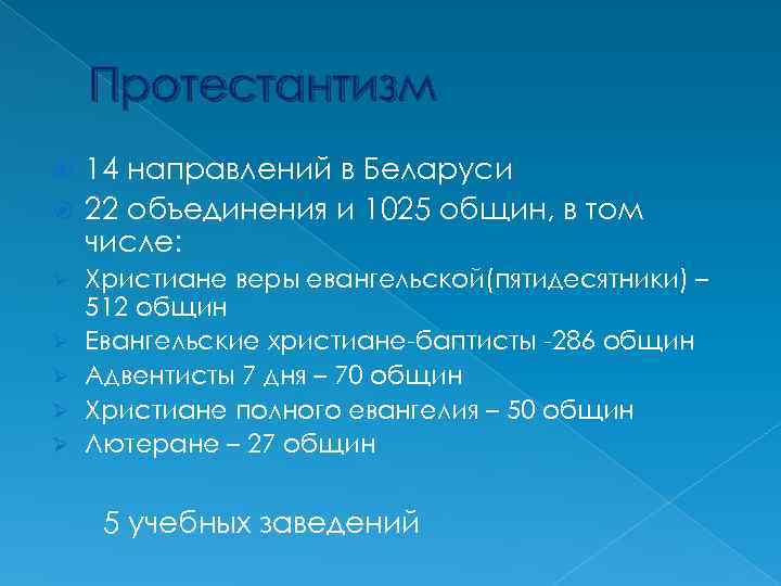 Протестантизм 14 направлений в Беларуси 22 объединения и 1025 общин, в том числе: Ø