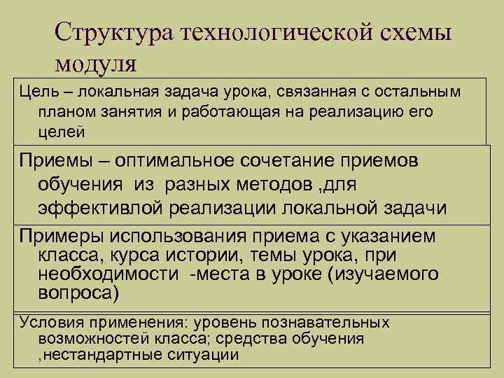 Структура технологической схемы модуля Цель – локальная задача урока, связанная с остальным планом занятия