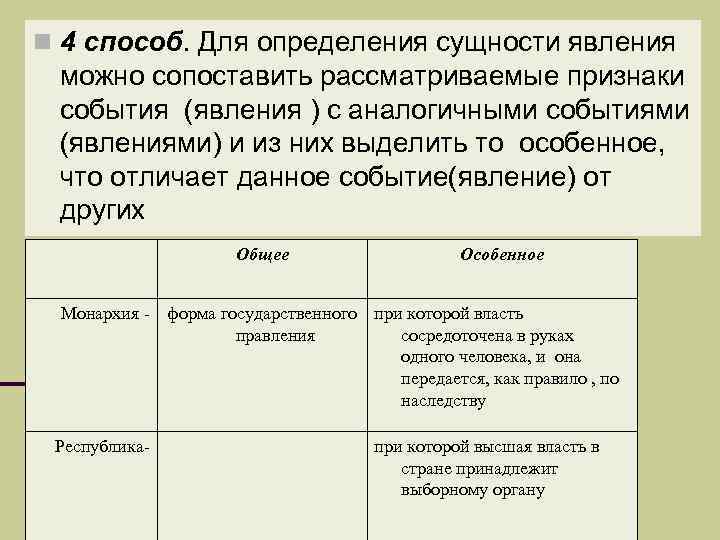 n 4 способ. Для определения сущности явления можно сопоставить рассматриваемые признаки события (явления )