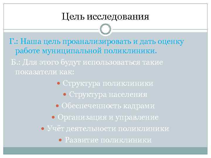 Цель исследования Г. : Наша цель проанализировать и дать оценку работе муниципальной поликлиники. Б.