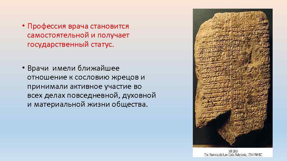  • Профессия врача становится самостоятельной и получает государственный статус. • Врачи имели ближайшее