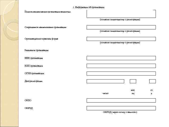 1. Информация об организации Полное наименование организации-заявителя (согласно свидетельству о регистрации) Сокращенное наименование организации