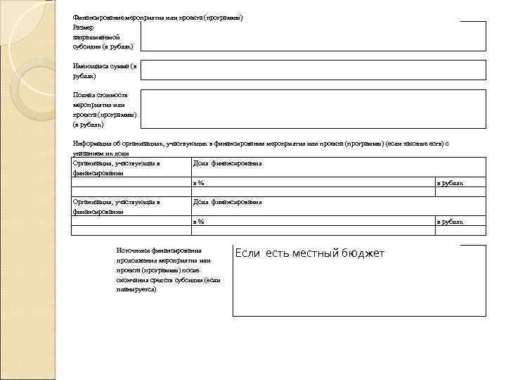 Финансирование мероприятия или проекта (программы) Размер запрашиваемой субсидии (в рублях) Имеющаяся сумма (в рублях)