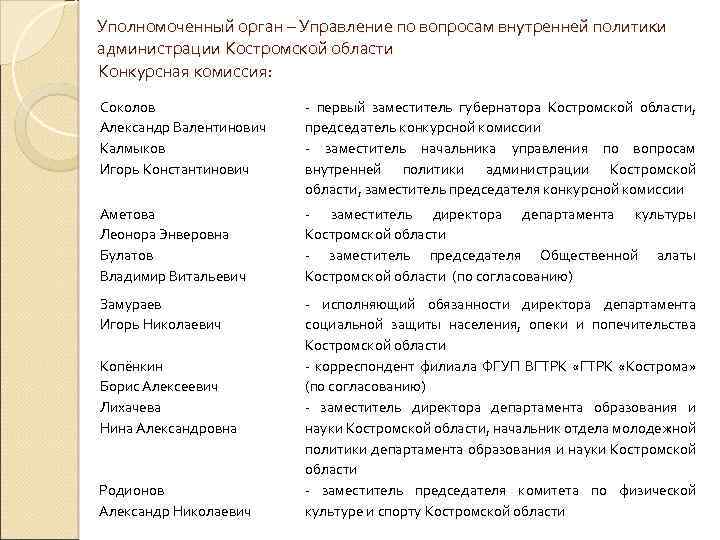 Уполномоченный орган – Управление по вопросам внутренней политики администрации Костромской области Конкурсная комиссия: Соколов