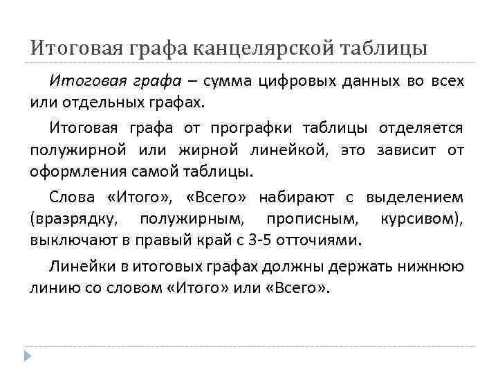 Итоговая графа канцелярской таблицы Итоговая графа – сумма цифровых данных во всех или отдельных