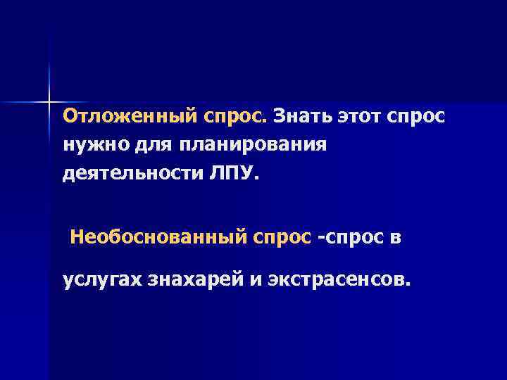 Отложенный спрос. Знать этот спрос нужно для планирования деятельности ЛПУ. Необоснованный спрос -спрос в
