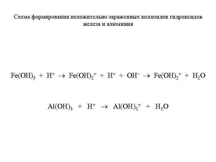 Схема формирования положительно заряженных коллоидов гидроксидов железа и алюминия Fe(OH)3 + H+ Fe(OH)2+ +