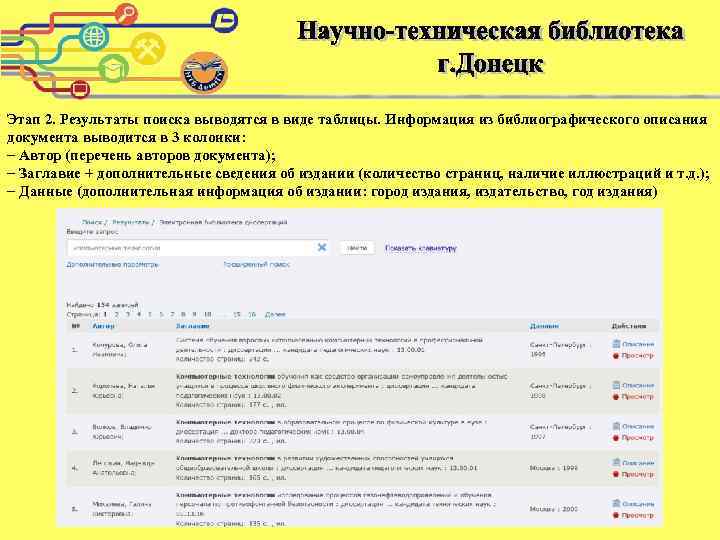 Этап 2. Результаты поиска выводятся в виде таблицы. Информация из библиографического описания документа выводится