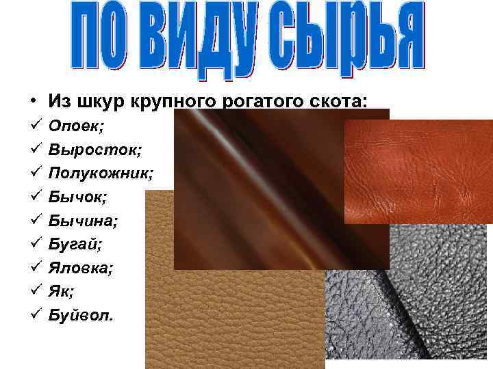  • Из шкур крупного рогатого скота: ü ü ü ü ü Опоек; Выросток;