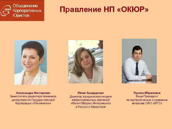 Правление НП «ОКЮР» Александра Нестеренко Заместитель директора правового департамента Государственной Корпорации «Роснанотех» Юлия Бондаренко