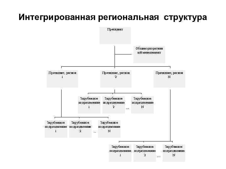 Интегрированная региональная структура Президент Общекорпоративн ый менеджмент Президент, регион 1 Президент, регион 2 Президент,