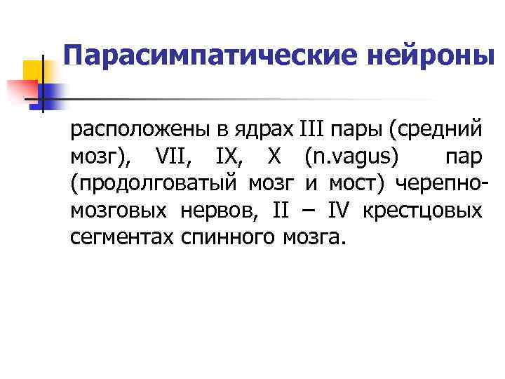 Парасимпатические нейроны расположены в ядрах III пары (средний мозг), VII, IX, X (n. vagus)