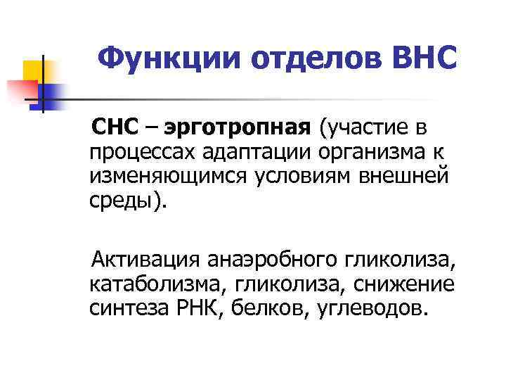 Функции отделов ВНС СНС – эрготропная (участие в процессах адаптации организма к изменяющимся условиям
