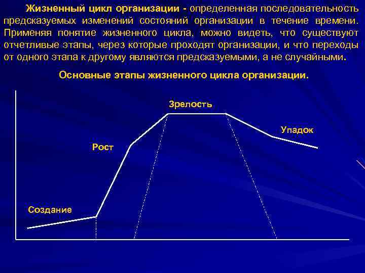 Жизненный цикл организации - определенная последовательность предсказуемых изменений состояний организации в течение времени. Применяя