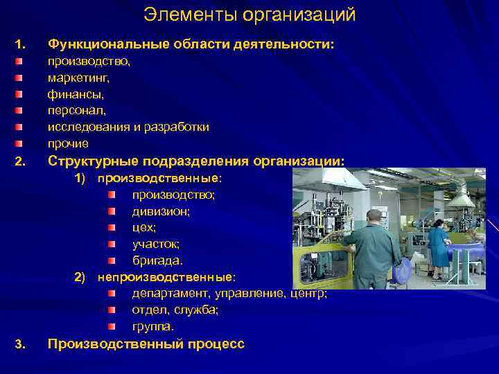 Элементы организаций 1. Функциональные области деятельности: производство, маркетинг, финансы, персонал, исследования и разработки прочие