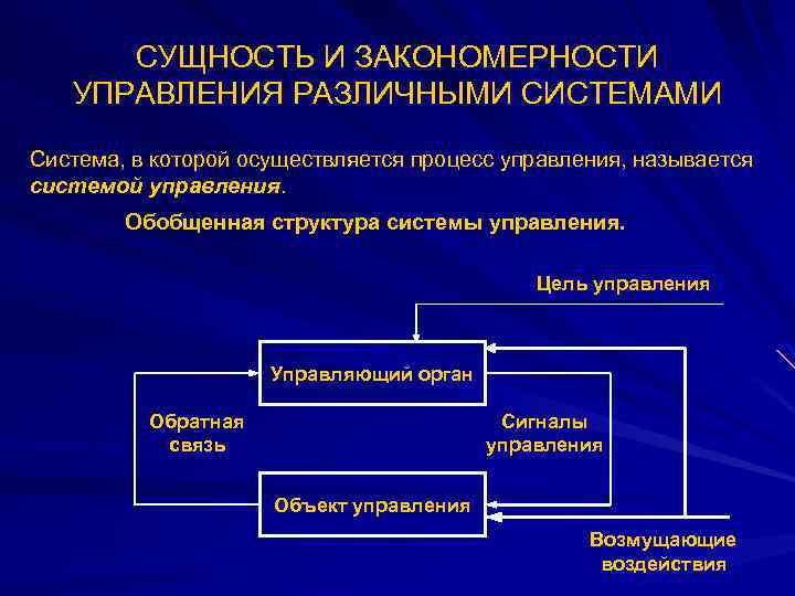 СУЩНОСТЬ И ЗАКОНОМЕРНОСТИ УПРАВЛЕНИЯ РАЗЛИЧНЫМИ СИСТЕМАМИ Система, в которой осуществляется процесс управления, называется системой