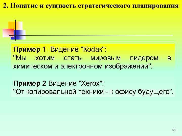 2. Понятие и сущность стратегического планирования Пример 1 Видение 